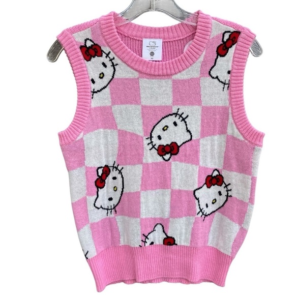 Hello Kitty Sweater Vest Checkered Pink Chunky Knit Academia Kidcore NWT Sz XS - Picture 2 of 14